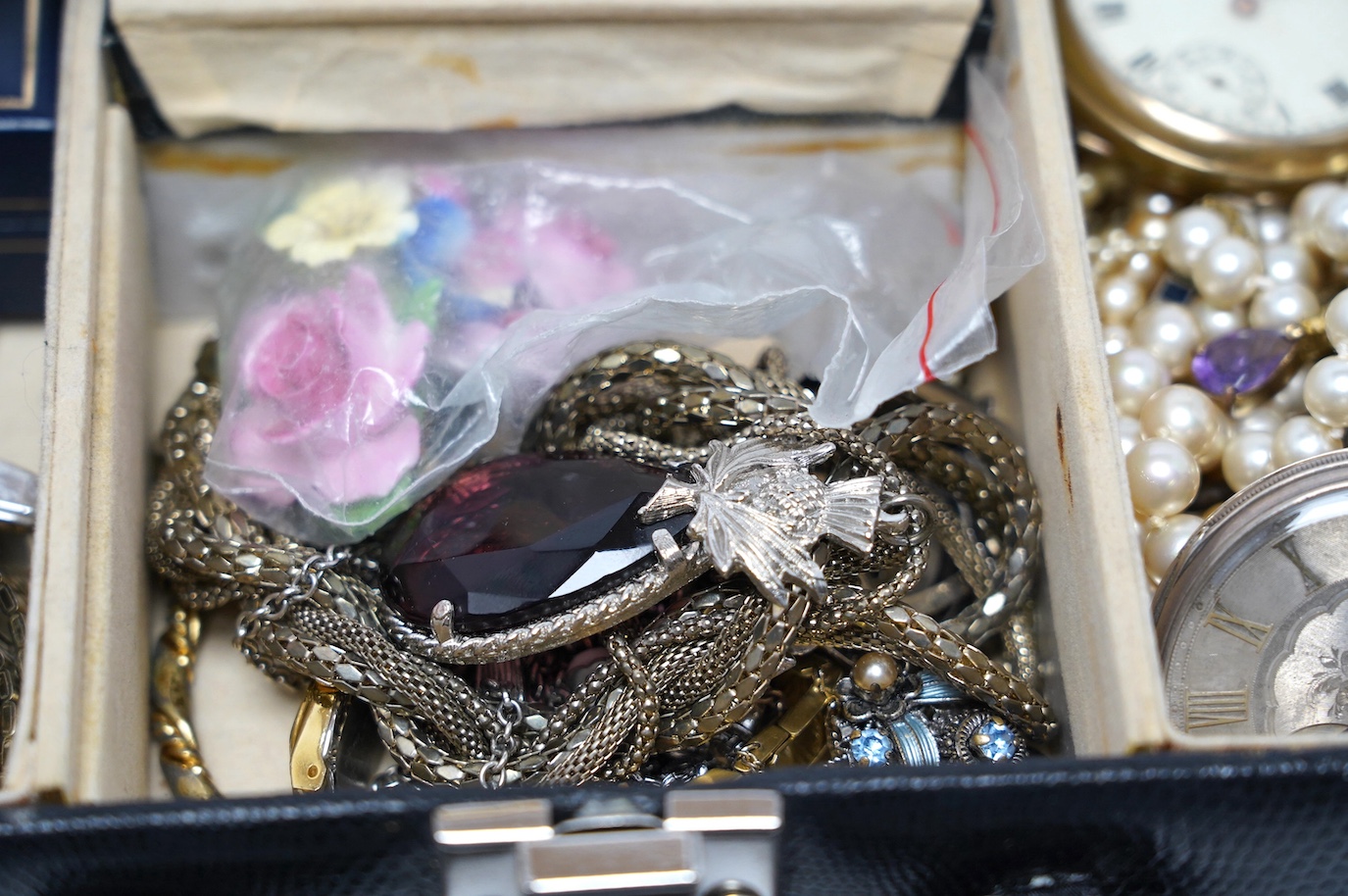 A yellow metal and gem set bar brooch and a quantity of assorted costume jewellery and two pocket watches including silver open face. Condition - fair